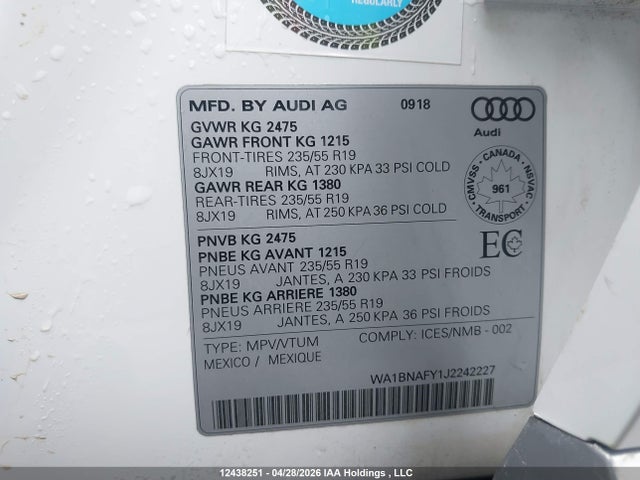 Aukcja sprzedaży 2018 Audi Q5 2.0t Progressiv, vin: WA1BNAFY1J2242227, numer aukcji: 12438251