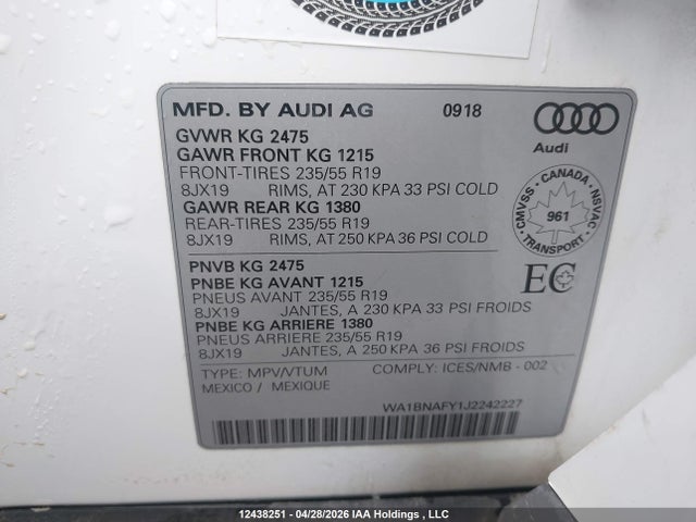 Aukcja sprzedaży 2018 Audi Q5 2.0t Progressiv, vin: WA1BNAFY1J2242227, numer aukcji: 12438251