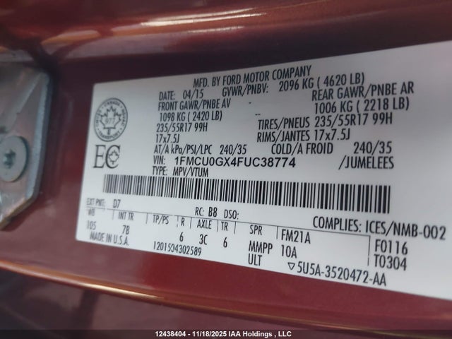Продажа на аукционе авто 2015 Ford Escape Se, vin: 1FMCU0GX4FUC38774, номер лота: 12438404