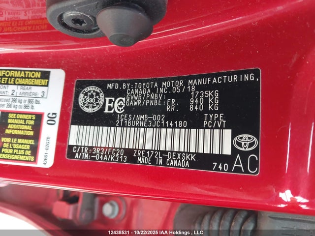 12438531 :رقم المزاد ، 2T1BURHE3JC114180 vin ، 2018 Toyota Corolla L/le/xle/se/xse مزاد بيع