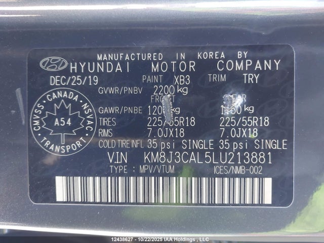 KM8J3CAL5LU213881 Hyundai gdi theta ii