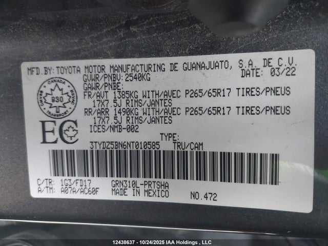 Aukcja sprzedaży 2022 Toyota Tacoma, vin: 3TYDZ5BN6NT010585, numer aukcji: 12438637