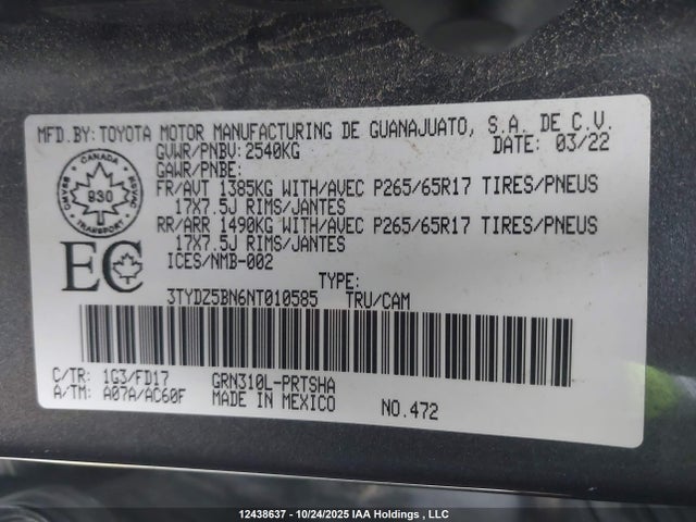Aukcja sprzedaży 2022 Toyota Tacoma, vin: 3TYDZ5BN6NT010585, numer aukcji: 12438637