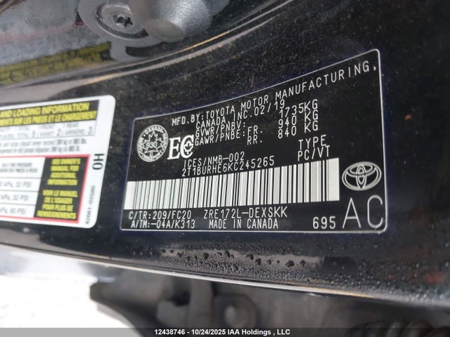 12438746 :رقم المزاد ، 2T1BURHE6KC245265 vin ، 2019 Toyota Corolla مزاد بيع