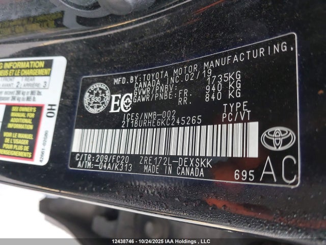 12438746 :رقم المزاد ، 2T1BURHE6KC245265 vin ، 2019 Toyota Corolla مزاد بيع