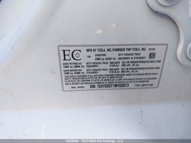 Tesla Model Y 2022 7SAYGDEF7NF500073 Image 9