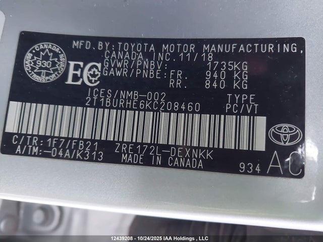 12439208 :رقم المزاد ، 2T1BURHE6KC208460 vin ، 2019 Toyota Corolla Le مزاد بيع