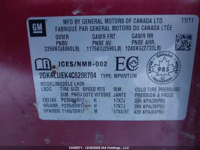 Aukcja sprzedaży 2012 Gmc Terrain Slt, vin: 2GKALUEK4C6208704, numer aukcji: 12439271