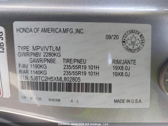 2021 Acura Rdx Technology მანქანა იყიდება აუქციონზე, vin: 5J8TC2H5XML802805, აუქციონის ნომერი: 12439272