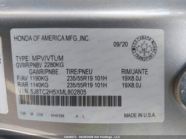 2021 Acura Rdx Technology მანქანა იყიდება აუქციონზე, vin: 5J8TC2H5XML802805, აუქციონის ნომერი: 12439272