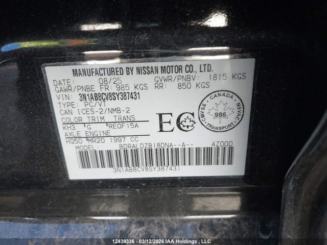 Aukcja sprzedaży 2025 Nissan Sentra Sv, vin: 3N1AB8CV8SY387431, numer aukcji: 12439336