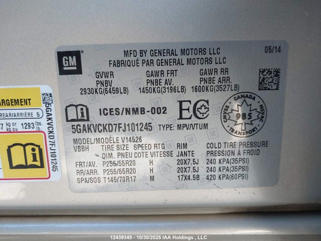 Buick Enclave 2015 5GAKVCKD7FJ101245 Image 9