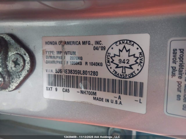 Продаж на аукціоні авто 2009 Honda Cr-v Lx, vin: 5J6RE38359L801280, номер лоту: 12439459