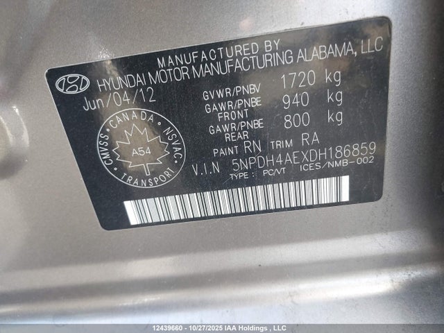 Продаж на аукціоні авто 2013 Hyundai Elantra Gl, vin: 5NPDH4AEXDH186859, номер лоту: 12439660