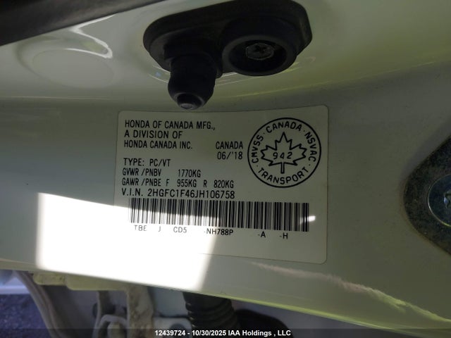 Продажа на аукционе авто 2018 Honda Civic Ex-t, vin: 2HGFC1F46JH106758, номер лота: 12439724