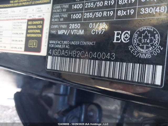 12439859 :رقم المزاد ، 4JGDA5HB2CA040043 vin ، 2012 Mercedes-benz Ml 350 4matic مزاد بيع