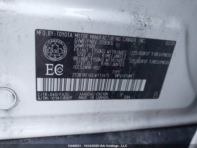 Aukcja sprzedaży 2020 Toyota Rav4 Le, vin: 2T3B1RFV0LW113475, numer aukcji: 12440031