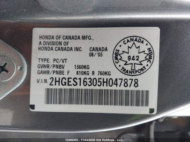 12440202 :رقم المزاد ، 2HGES16305H047878 vin ، 2005 Honda Civic Se مزاد بيع