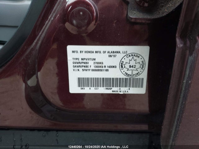 12440264 :رقم المزاد ، 5FNYF18688B501165 vin ، 2008 Honda Pilot Se-l مزاد بيع