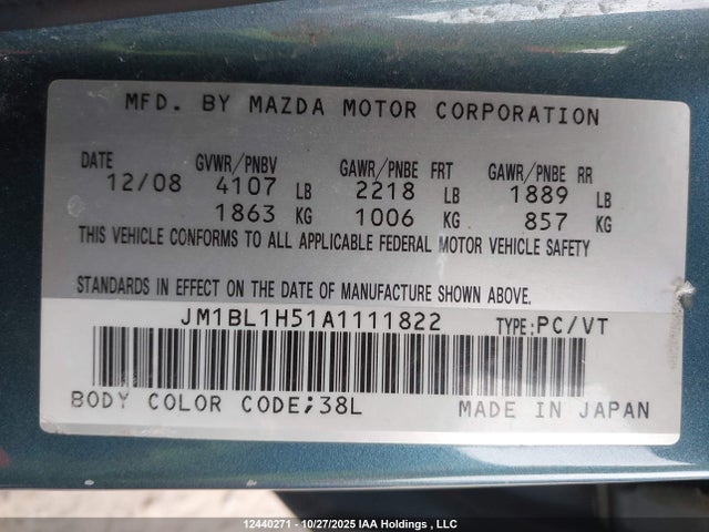 12440271 :رقم المزاد ، JM1BL1H51A1111822 vin ، 2010 Mazda 3 S مزاد بيع
