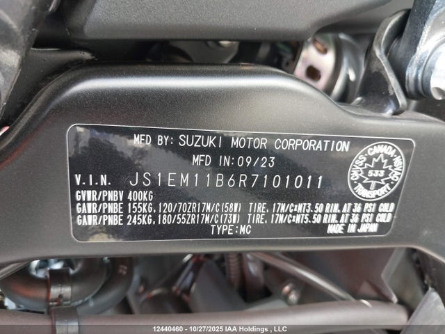 2024 Suzuki Gsx800 R მანქანა იყიდება აუქციონზე, vin: JS1EM11B6R7101011, აუქციონის ნომერი: 12440460