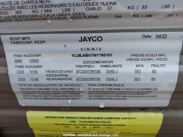 12440566 :رقم المزاد ، 1UJBJ0BV7N1T60107 vin ، 2022 Jayco Jayco مزاد بيع