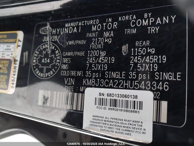 12440576 :رقم المزاد ، KM8J3CA22HU543346 vin ، 2017 Hyundai Tucson مزاد بيع