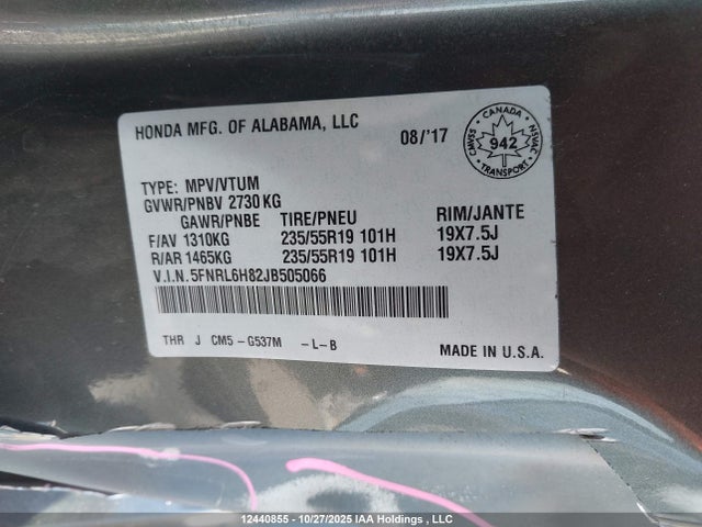 5FNRL6H82JB505066 Honda Odyssey Touring