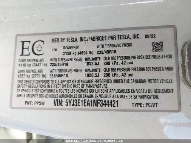 Продаж на аукціоні авто 2022 Tesla Model 3 Rwd/standard Range, vin: 5YJ3E1EA1NF344421, номер лоту: 12441133