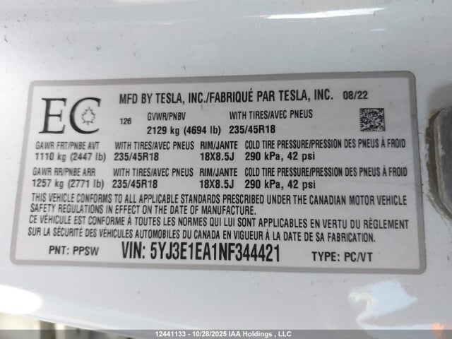 Продаж на аукціоні авто 2022 Tesla Model 3 Rwd/standard Range, vin: 5YJ3E1EA1NF344421, номер лоту: 12441133