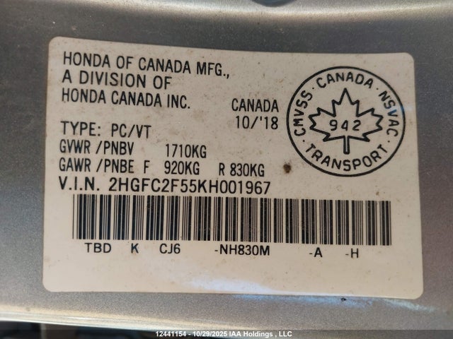 Honda Civic Lx 2019 2HGFC2F55KH001967 Image 9