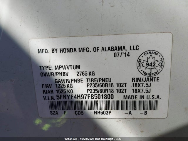 Honda Pilot Touring 2015 5FNYF4H97FB501800 Image 9