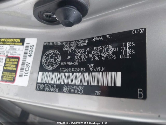 Продажа на аукционе авто 2007 Toyota Sienna Ce/le, vin: 5TDZK23C37S061191, номер лота: 12441612