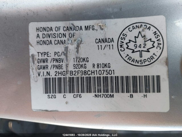 12441693 :رقم المزاد ، 2HGFB2F98CH107501 vin ، 2012 Honda Civic مزاد بيع