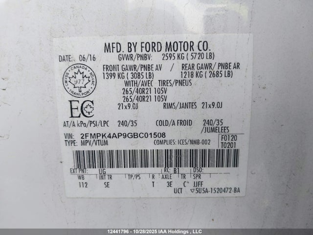 Продажа на аукционе авто 2016 Ford Edge Sport, vin: 2FMPK4AP9GBC01508, номер лота: 12441796