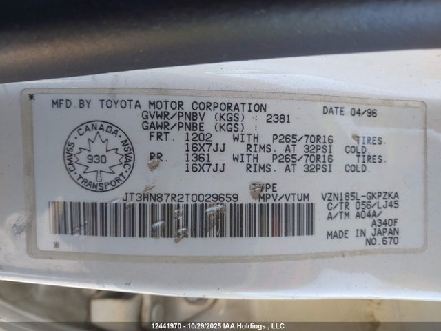Aukcja sprzedaży 1996 Toyota 4runner Limited, vin: JT3HN87R2T0029659, numer aukcji: 12441970
