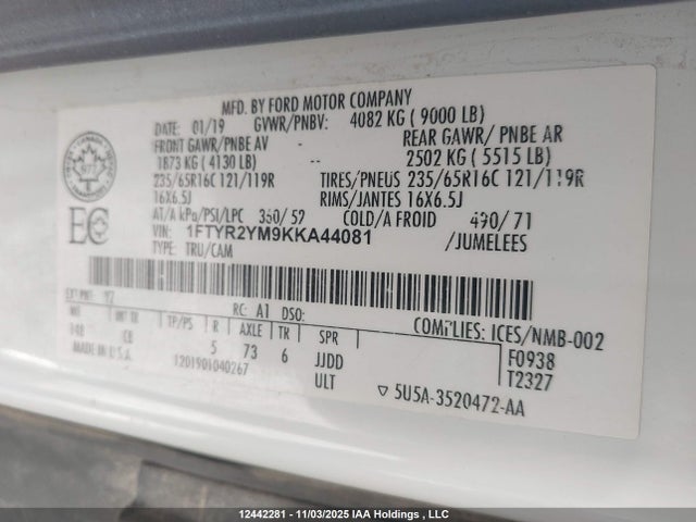 12442281 :رقم المزاد ، 1FTYR2YM9KKA44081 vin ، 2019 Ford Transit-250 مزاد بيع