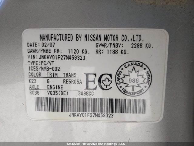 Продаж на аукціоні авто 2007 Infiniti M35 Sport, vin: JNKAY01F27M459323, номер лоту: 12442299