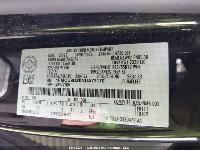 1FMCU9DZ0NUA73170 Ford Escape Titanium Hybrid