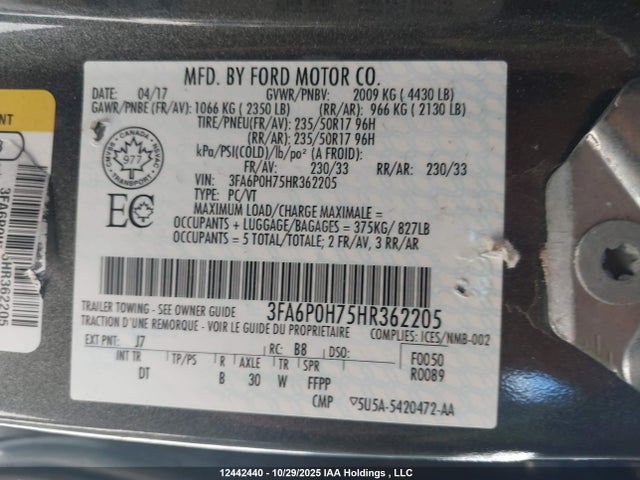 Ford FUSION SE 2017 3FA6P0H75HR362205 Image 9