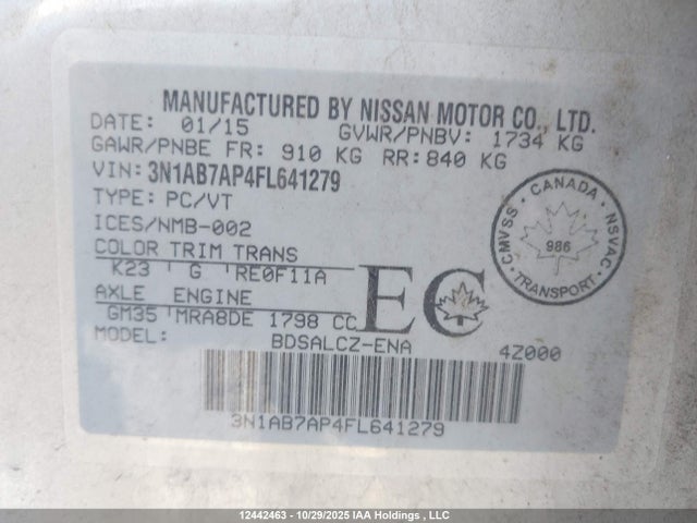 12442463 :رقم المزاد ، 3N1AB7AP4FL641279 vin ، 2015 Nissan Sentra S/sv/sr/sl مزاد بيع