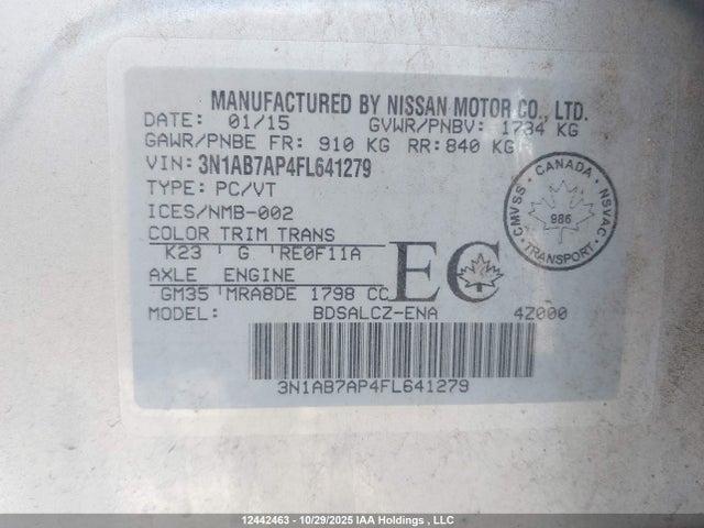 12442463 :رقم المزاد ، 3N1AB7AP4FL641279 vin ، 2015 Nissan Sentra S/sv/sr/sl مزاد بيع