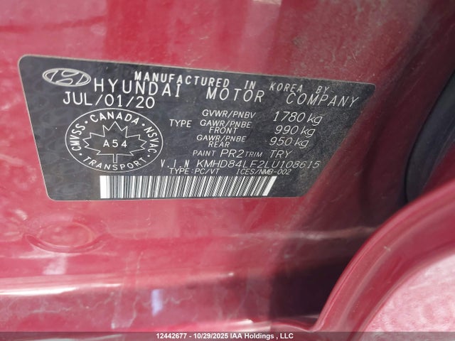 12442677 :رقم المزاد ، KMHD84LF2LU108615 vin ، 2020 Hyundai Elantra Sel/value/limited مزاد بيع