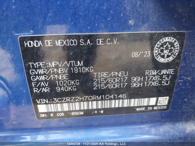 3CZRZ2H70RM104146 Honda Hr-v Ex-l Navi