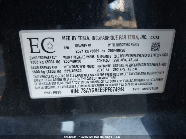 Aukcja sprzedaży 2023 Tesla Model Y, vin: 7SAYGAEE5PF674944, numer aukcji: 12442731