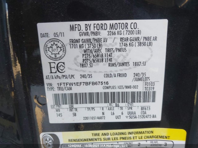 Aukcja sprzedaży 2011 Ford F-150 Fx4, vin: 1FTFW1EF7BFB67516, numer aukcji: 12442865