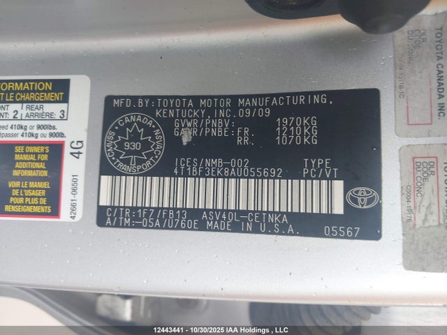 2010 Toyota Camry Le მანქანა იყიდება აუქციონზე, vin: 4T1BF3EK8AU055692, აუქციონის ნომერი: 12443441