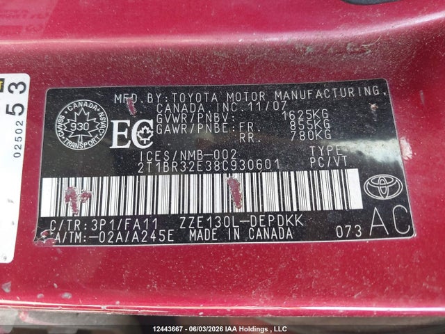 12443667 :رقم المزاد ، 2T1BR32E38C930601 vin ، 2008 Toyota Corolla Ce/le/s مزاد بيع