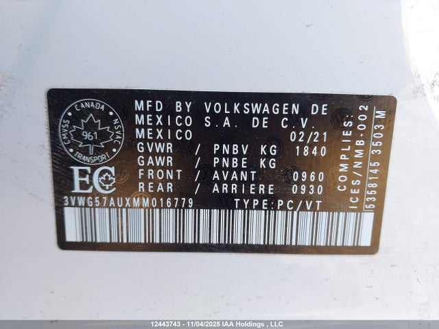Aukcja sprzedaży 2021 Volkswagen Golf, vin: 3VWG57AUXMM016779, numer aukcji: 12443743