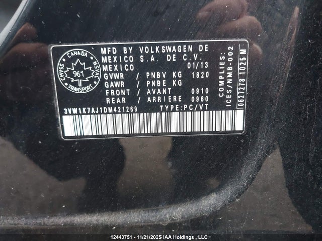 12443751 :رقم المزاد ، 3VW1K7AJ1DM421269 vin ، 2013 Volkswagen Jetta 2.0l Trendline/2.0l Trendline+ مزاد بيع